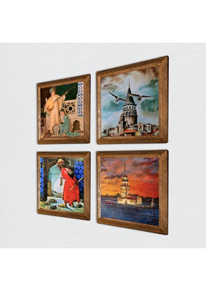 Galata Kulesi, Kız Kulesi, Kaplumbağa Terbiyecisi, İki Müzisyen Kız Taş Duvar Tablosu Ahşap Çerçeveli Duvar Dekoru 4 Parça Tablo Seti Wall Art W4-758 fiyatları