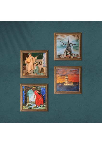Galata Kulesi, Kız Kulesi, Kaplumbağa Terbiyecisi, İki Müzisyen Kız Taş Duvar Tablosu Ahşap Çerçeveli Duvar Dekoru 4 Parça Tablo Seti Wall Art W4-758 modelleri