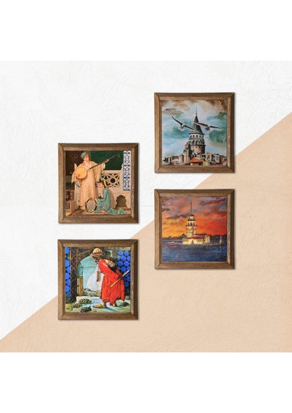Galata Kulesi, Kız Kulesi, Kaplumbağa Terbiyecisi, İki Müzisyen Kız Taş Duvar Tablosu Ahşap Çerçeveli Duvar Dekoru 4 Parça Tablo Seti Wall Art W4-758 indirimleri