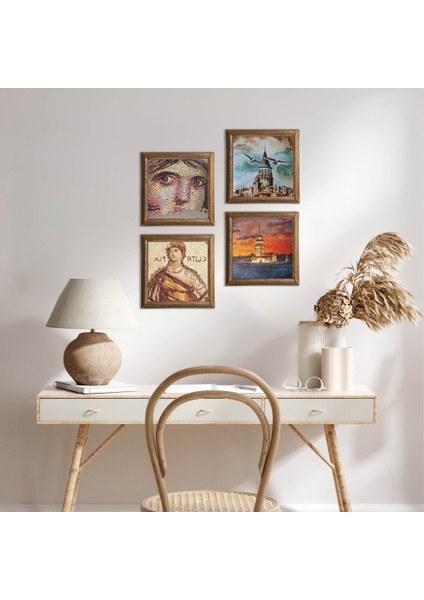 İstanbul Galata Kulesi, Kız Kulesi, Soteria, Çingene Kızı Mozaiği Taş Duvar Tablosu Ahşap Çerçeveli Duvar Dekoru 4 Parça Tablo Seti Wall Art W4-760