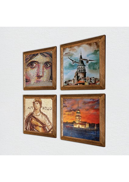 İstanbul Galata Kulesi, Kız Kulesi, Soteria, Çingene Kızı Mozaiği Taş Duvar Tablosu Ahşap Çerçeveli Duvar Dekoru 4 Parça Tablo Seti Wall Art W4-760 fiyatları