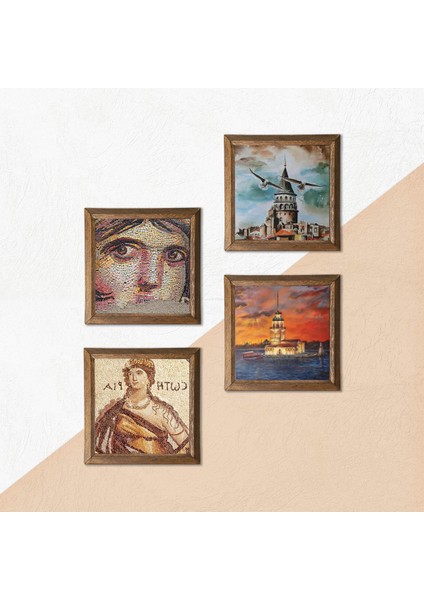 İstanbul Galata Kulesi, Kız Kulesi, Soteria, Çingene Kızı Mozaiği Taş Duvar Tablosu Ahşap Çerçeveli Duvar Dekoru 4 Parça Tablo Seti Wall Art W4-760 indirimleri