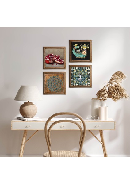 Yaşam Çiçeği, Hayat Ağacı, Şahmeran, Nar Ahşap Çerçeveli Taş Duvar Tablosu 4’lü Set – 25x25 cm Dekoratif Modern Sanat – Ev ve Ofis Dekoru |W4-767|