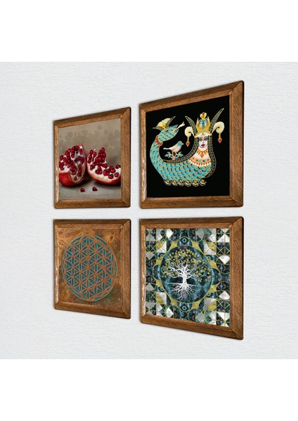 Yaşam Çiçeği, Hayat Ağacı, Şahmeran, Nar Ahşap Çerçeveli Taş Duvar Tablosu 4’lü Set – 25x25 cm Dekoratif Modern Sanat – Ev ve Ofis Dekoru |W4-767| fiyatları
