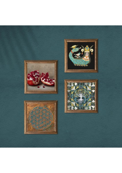 Yaşam Çiçeği, Hayat Ağacı, Şahmeran, Nar Ahşap Çerçeveli Taş Duvar Tablosu 4’lü Set – 25x25 cm Dekoratif Modern Sanat – Ev ve Ofis Dekoru |W4-767| modelleri