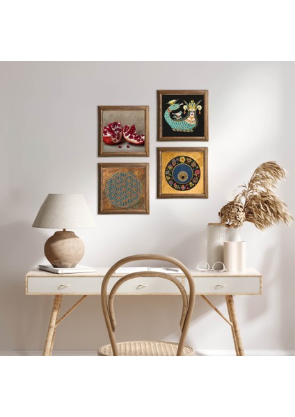 Yaşam Çiçeği, Nazar, Şahmeran, Nar Taş Duvar Tablosu Ahşap Çerçeveli Duvar Dekoru 4 Parça Tablo Seti Wall Art W4-768