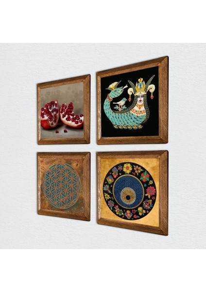 Yaşam Çiçeği, Nazar, Şahmeran, Nar Taş Duvar Tablosu Ahşap Çerçeveli Duvar Dekoru 4 Parça Tablo Seti Wall Art W4-768