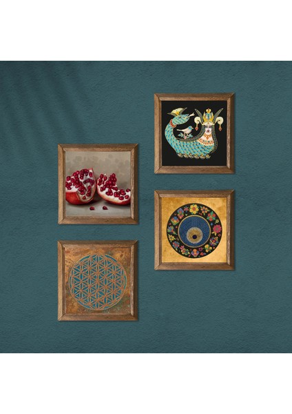 Yaşam Çiçeği, Nazar, Şahmeran, Nar Taş Duvar Tablosu Ahşap Çerçeveli Duvar Dekoru 4 Parça Tablo Seti Wall Art W4-768