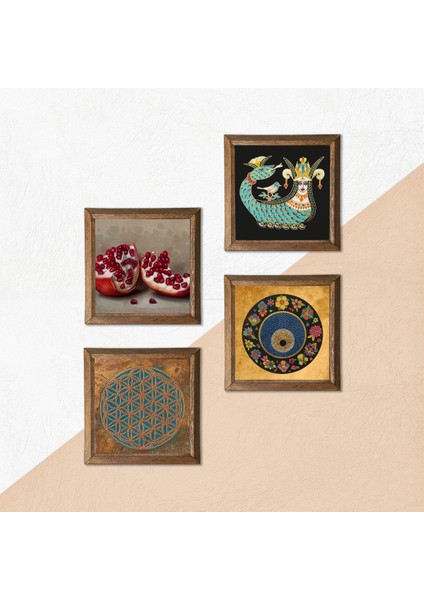 Yaşam Çiçeği, Nazar, Şahmeran, Nar Taş Duvar Tablosu Ahşap Çerçeveli Duvar Dekoru 4 Parça Tablo Seti Wall Art W4-768
