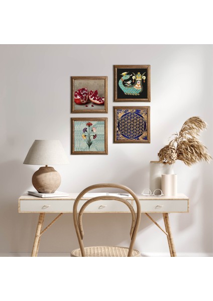 Ebru Sanatı, Yaşam Çiçeği, Şahmeran, Nar Ahşap Çerçeveli Taş Duvar Tablosu 4’lü Set – 25x25 cm Dekoratif Modern Sanat – Ev ve Ofis Dekoru |W4-773|