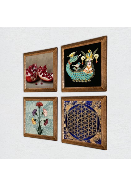 Ebru Sanatı, Yaşam Çiçeği, Şahmeran, Nar Ahşap Çerçeveli Taş Duvar Tablosu 4’lü Set – 25x25 cm Dekoratif Modern Sanat – Ev ve Ofis Dekoru |W4-773| fiyatları