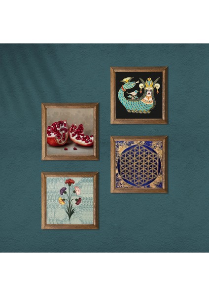 Ebru Sanatı, Yaşam Çiçeği, Şahmeran, Nar Ahşap Çerçeveli Taş Duvar Tablosu 4’lü Set – 25x25 cm Dekoratif Modern Sanat – Ev ve Ofis Dekoru |W4-773| modelleri