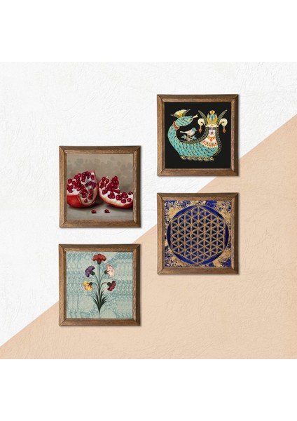 Ebru Sanatı, Yaşam Çiçeği, Şahmeran, Nar Ahşap Çerçeveli Taş Duvar Tablosu 4’lü Set – 25x25 cm Dekoratif Modern Sanat – Ev ve Ofis Dekoru |W4-773| indirimleri
