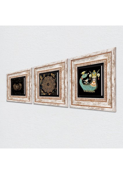 Horus'un Gözü, Sri Yantra, Şahmeran Çerçeveli Taş Duvar Tablosu 3’lü Set - Dekoratif Modern Sanat, Ev ve Ofis Dekoru |TK3-449| fiyatları