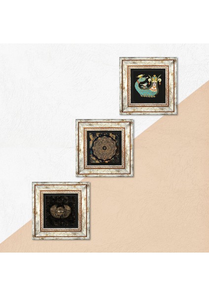 Horus'un Gözü, Sri Yantra, Şahmeran Çerçeveli Taş Duvar Tablosu 3’lü Set - Dekoratif Modern Sanat, Ev ve Ofis Dekoru |TK3-449| indirimleri