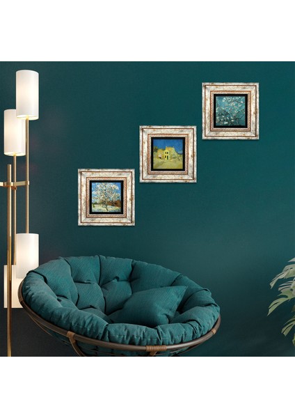 Van Gogh Şeftali Ağacı, Sarı Ev, Badem Ağacı Taş Duvar Tablosu Çerçeveli Duvar Dekoru 3 Parça Tablo Seti Wall Art T3-566