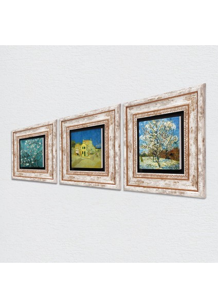 Van Gogh Şeftali Ağacı, Sarı Ev, Badem Ağacı Taş Duvar Tablosu Çerçeveli Duvar Dekoru 3 Parça Tablo Seti Wall Art T3-566 fiyatları