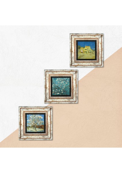 Van Gogh Şeftali Ağacı, Sarı Ev, Badem Ağacı Taş Duvar Tablosu Çerçeveli Duvar Dekoru 3 Parça Tablo Seti Wall Art T3-566 indirimleri
