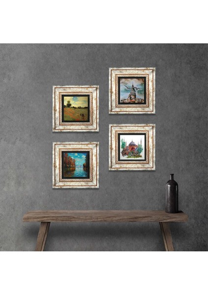 Claude Monet Sonbahar, Gelincikler, Ayasofya, Galata Kulesi Çerçeveli Taş Duvar Tablosu 4’lü Set - Dekoratif Modern Sanat, Ev ve Ofis Dekoru |TK4-752|