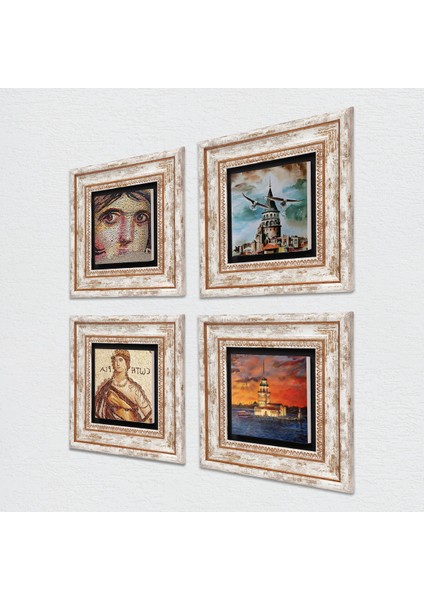İstanbul Galata Kulesi, Kız Kulesi, Soteria, Çingene Kızı Mozaiği Taş Duvar Tablosu Çerçeveli Duvar Dekoru 4 Parça Tablo Seti Wall Art T4-760 fiyatları