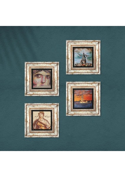 İstanbul Galata Kulesi, Kız Kulesi, Soteria, Çingene Kızı Mozaiği Taş Duvar Tablosu Çerçeveli Duvar Dekoru 4 Parça Tablo Seti Wall Art T4-760 fırsatları