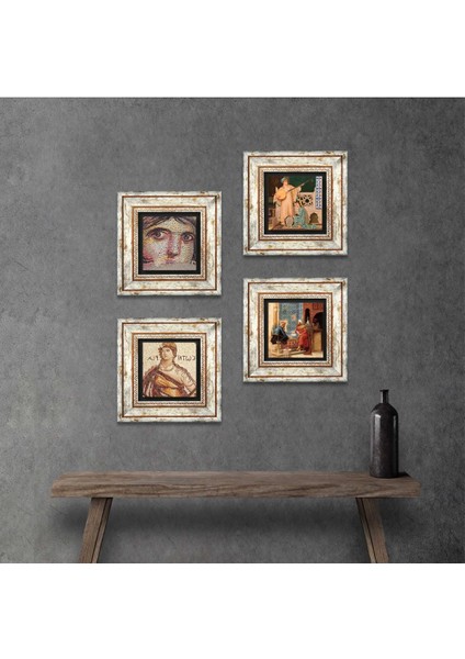 Soteria, Çingene Kızı, Satranç Oyunu, İki Müzisyen Kız Taş Duvar Tablosu Çerçeveli Duvar Dekoru 4 Parça Tablo Seti Wall Art T4-762
