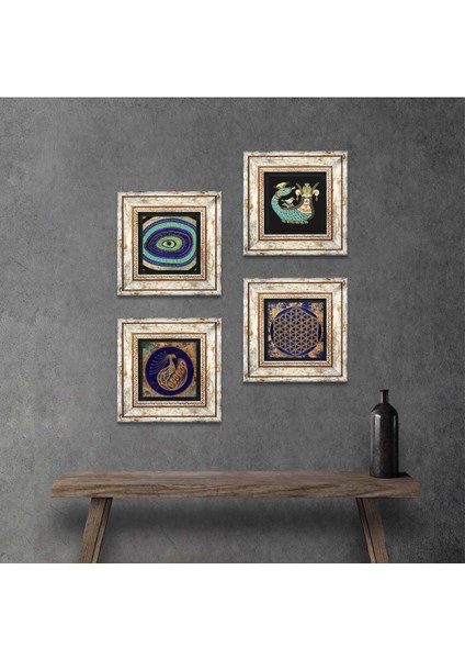 Nazar, Tavus Kuşu, Yaşam Çiçeği, Şahmeran Çerçeveli Taş Duvar Tablosu 4’lü Set - Dekoratif Modern Sanat, Ev ve Ofis Dekoru |TK4-777|