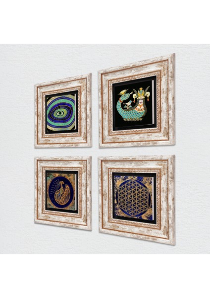 Nazar, Tavus Kuşu, Yaşam Çiçeği, Şahmeran Çerçeveli Taş Duvar Tablosu 4’lü Set - Dekoratif Modern Sanat, Ev ve Ofis Dekoru |TK4-777| fiyatları