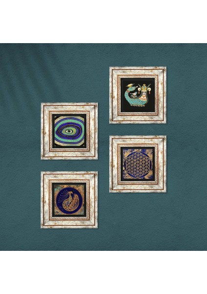 Nazar, Tavus Kuşu, Yaşam Çiçeği, Şahmeran Çerçeveli Taş Duvar Tablosu 4’lü Set - Dekoratif Modern Sanat, Ev ve Ofis Dekoru |TK4-777| fırsatları