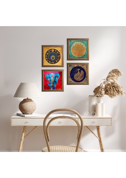 Stone Fil, Lotus Çiçeği, Tavus Kuşu, Nazar Ahşap Çerçeveli Taş Duvar Tablosu 4’lü Set – 25x25 cm Dekoratif Modern Sanat – Ev ve Ofis Dekoru |W4-320|