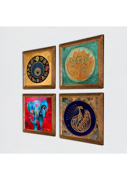 Stone Fil, Lotus Çiçeği, Tavus Kuşu, Nazar Ahşap Çerçeveli Taş Duvar Tablosu 4’lü Set – 25x25 cm Dekoratif Modern Sanat – Ev ve Ofis Dekoru |W4-320| fiyatları