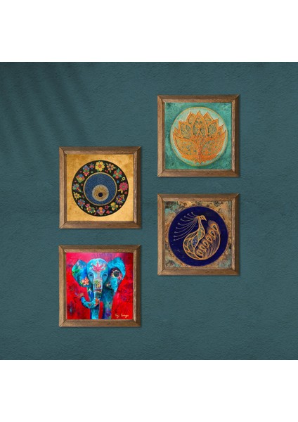 Stone Fil, Lotus Çiçeği, Tavus Kuşu, Nazar Ahşap Çerçeveli Taş Duvar Tablosu 4’lü Set – 25x25 cm Dekoratif Modern Sanat – Ev ve Ofis Dekoru |W4-320| modelleri
