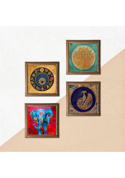 Stone Fil, Lotus Çiçeği, Tavus Kuşu, Nazar Ahşap Çerçeveli Taş Duvar Tablosu 4’lü Set – 25x25 cm Dekoratif Modern Sanat – Ev ve Ofis Dekoru |W4-320| indirimleri