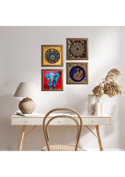Stone Fil, Sri Yantra, Tavus Kuşu, Nazar Ahşap Çerçeveli Taş Duvar Tablosu 4’lü Set – 25x25 cm Dekoratif Modern Sanat – Ev ve Ofis Dekoru |W4-322|