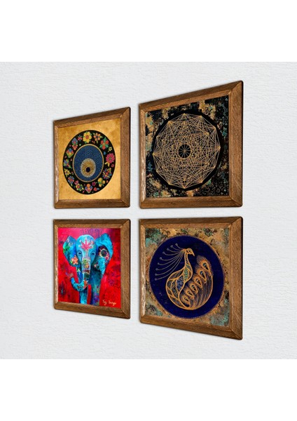 Stone Fil, Sri Yantra, Tavus Kuşu, Nazar Ahşap Çerçeveli Taş Duvar Tablosu 4’lü Set – 25x25 cm Dekoratif Modern Sanat – Ev ve Ofis Dekoru |W4-322| fiyatları