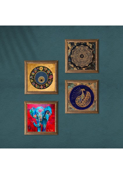 Stone Fil, Sri Yantra, Tavus Kuşu, Nazar Ahşap Çerçeveli Taş Duvar Tablosu 4’lü Set – 25x25 cm Dekoratif Modern Sanat – Ev ve Ofis Dekoru |W4-322| modelleri