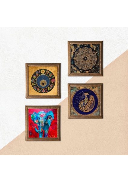 Stone Fil, Sri Yantra, Tavus Kuşu, Nazar Ahşap Çerçeveli Taş Duvar Tablosu 4’lü Set – 25x25 cm Dekoratif Modern Sanat – Ev ve Ofis Dekoru |W4-322| indirimleri