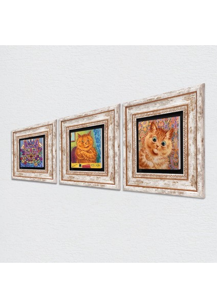 Stone Louis Wain Kediler Çerçeveli Taş Duvar Tablosu 3’lü Set - Dekoratif Modern Sanat, Ev ve Ofis Dekoru |TK3-632| fiyatları