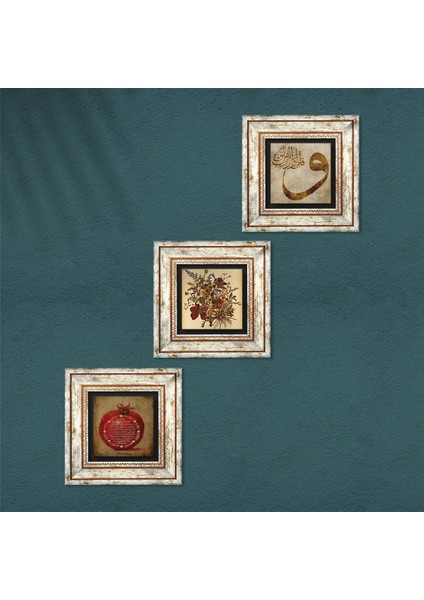 Vintage Çiçek, Vav, Bereket Duası Taş Duvar Tablosu Çerçeveli Duvar Dekoru 3 Parça Tablo Seti Wall Art T3-634