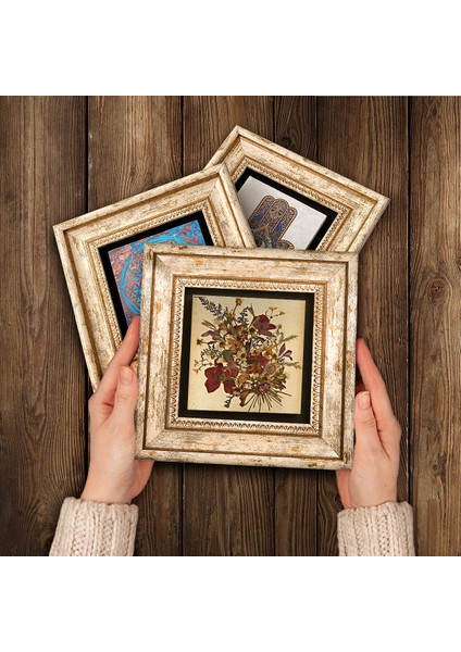 Vintage Çiçek, Vav, Bereket Duası Taş Duvar Tablosu Çerçeveli Duvar Dekoru 3 Parça Tablo Seti Wall Art T3-634