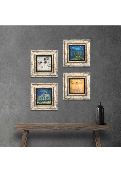 Van Gogh, Leonardo da Vinci Taş Duvar Tablosu Çerçeveli Duvar Dekoru 4 Parça Tablo Seti Wall Art T4-968