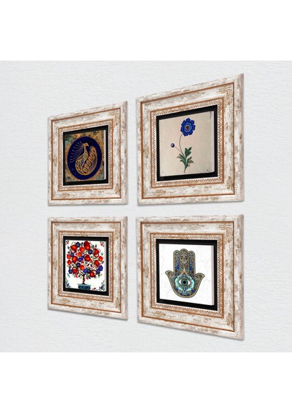 Tavus Kuşu, Ebru Sanatı, Nar Ağacı, Fatma Ana Eli (Hamsa) Taş Duvar Tablosu Çerçeveli Duvar Dekoru 4 Parça Tablo Seti Wall Art T4-981
