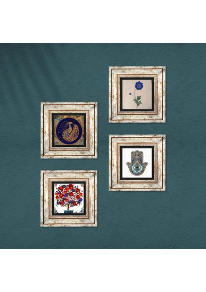 Tavus Kuşu, Ebru Sanatı, Nar Ağacı, Fatma Ana Eli (Hamsa) Taş Duvar Tablosu Çerçeveli Duvar Dekoru 4 Parça Tablo Seti Wall Art T4-981
