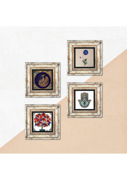 Tavus Kuşu, Ebru Sanatı, Nar Ağacı, Fatma Ana Eli (Hamsa) Taş Duvar Tablosu Çerçeveli Duvar Dekoru 4 Parça Tablo Seti Wall Art T4-981