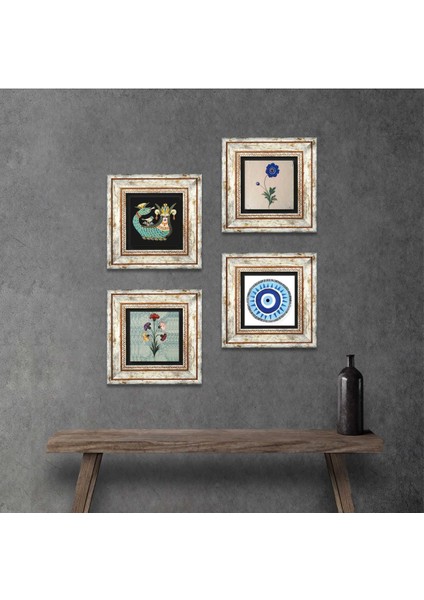 Nazar, Ebru Sanatı, Şahmeran Taş Duvar Tablosu Çerçeveli Duvar Dekoru 4 Parça Tablo Seti Wall Art T4-990