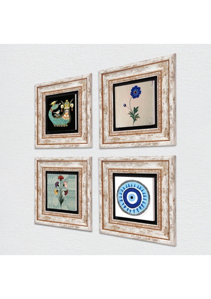 Nazar, Ebru Sanatı, Şahmeran Taş Duvar Tablosu Çerçeveli Duvar Dekoru 4 Parça Tablo Seti Wall Art T4-990