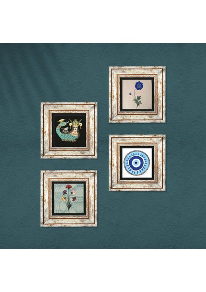 Nazar, Ebru Sanatı, Şahmeran Taş Duvar Tablosu Çerçeveli Duvar Dekoru 4 Parça Tablo Seti Wall Art T4-990