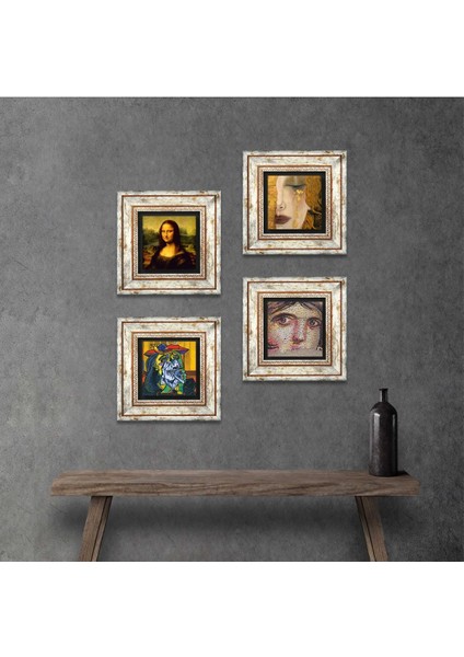 Picasso Ağlayan, Çingene Kızı, Gustav Klimt, Leonardo da Vinci Taş Duvar Tablosu Çerçeveli Duvar Dekoru 4 Parça Tablo Seti Wall Art T4-955