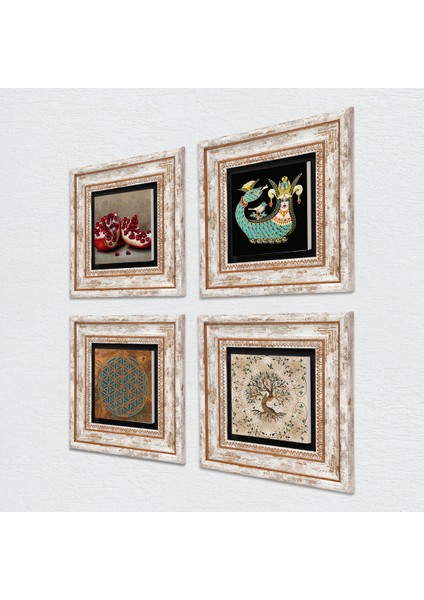 Yaşam Çiçeği, Şahmeran, Hayat Ağacı, Nar Taş Duvar Tablosu Çerçeveli Duvar Dekoru 4 Parça Tablo Seti Wall Art T4-763
