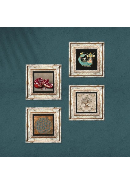 Yaşam Çiçeği, Şahmeran, Hayat Ağacı, Nar Taş Duvar Tablosu Çerçeveli Duvar Dekoru 4 Parça Tablo Seti Wall Art T4-763